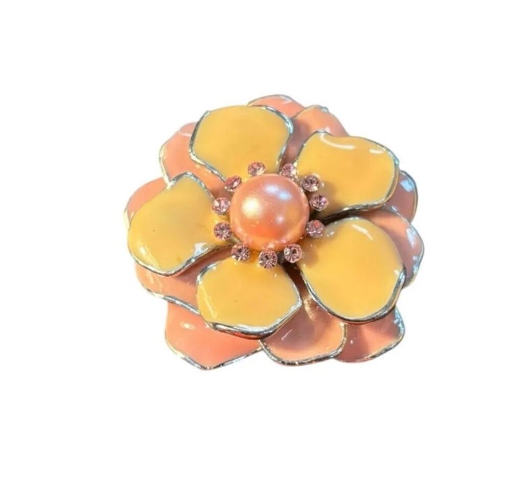 Vintage Peach Yellow Enamel Flower Brooch Faux Pearl Rhinestone Floral Pin